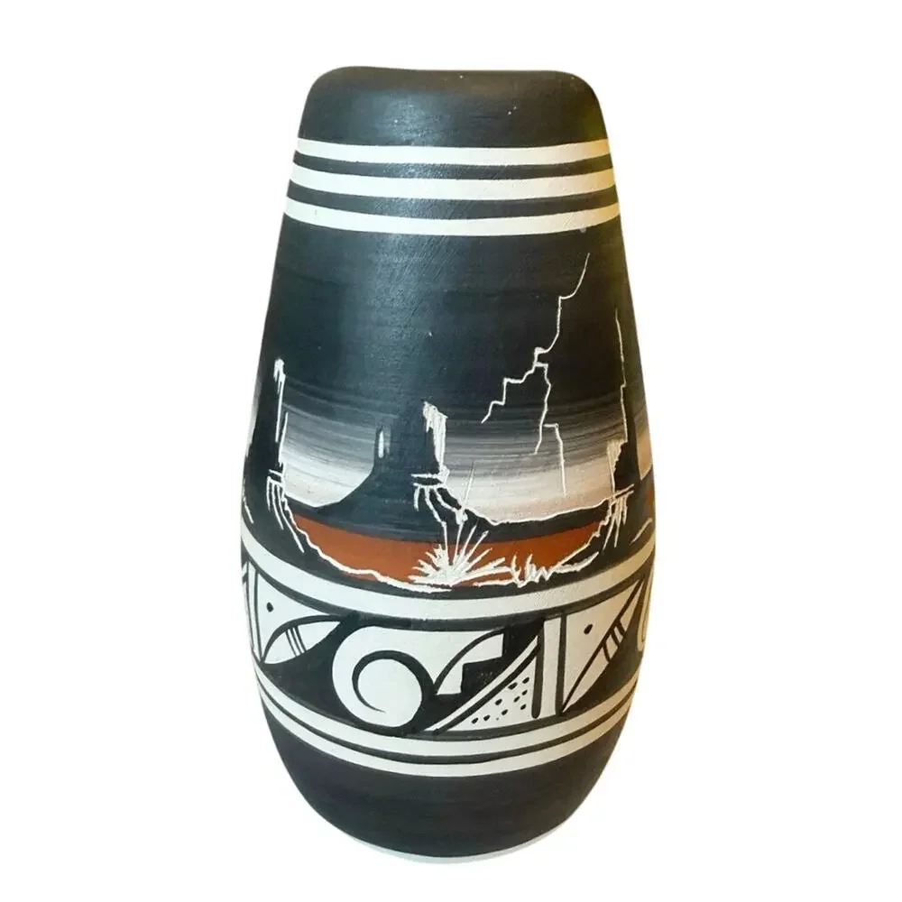 Navajo Pottery Bud Vase • Signed Adakai • Mesa & Lightning • 6”